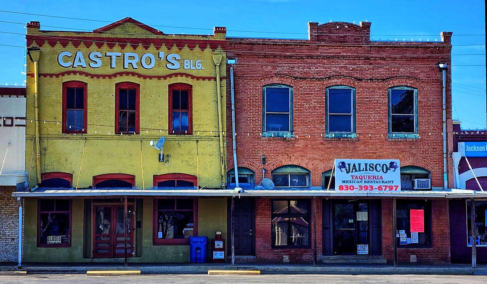 Jalisco Taqueria storefront sign in downtown Floresville