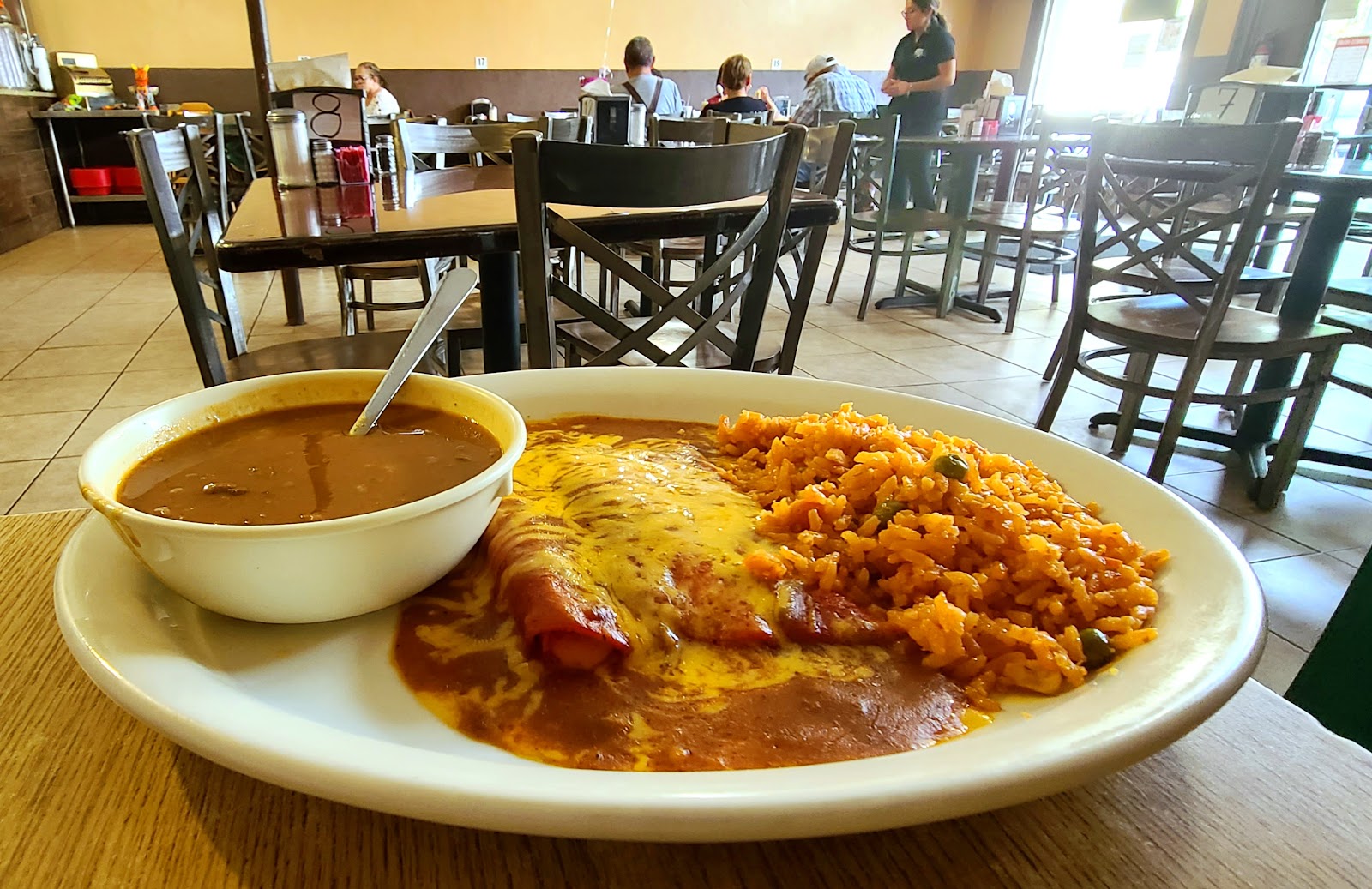 Cheese enchilada plate with rice and beans